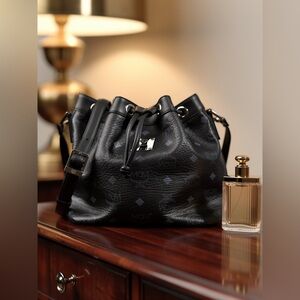 MCM Visetos Essential Drawstring Bucket Bag Black